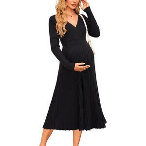 Women's Maternity Dress Long Sleeve Wrap V Neck Pleated Baby Shower Midi